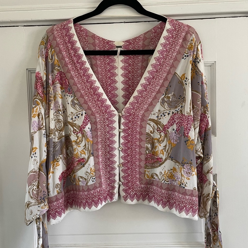 Free People Pink and Cream Silk Blouse